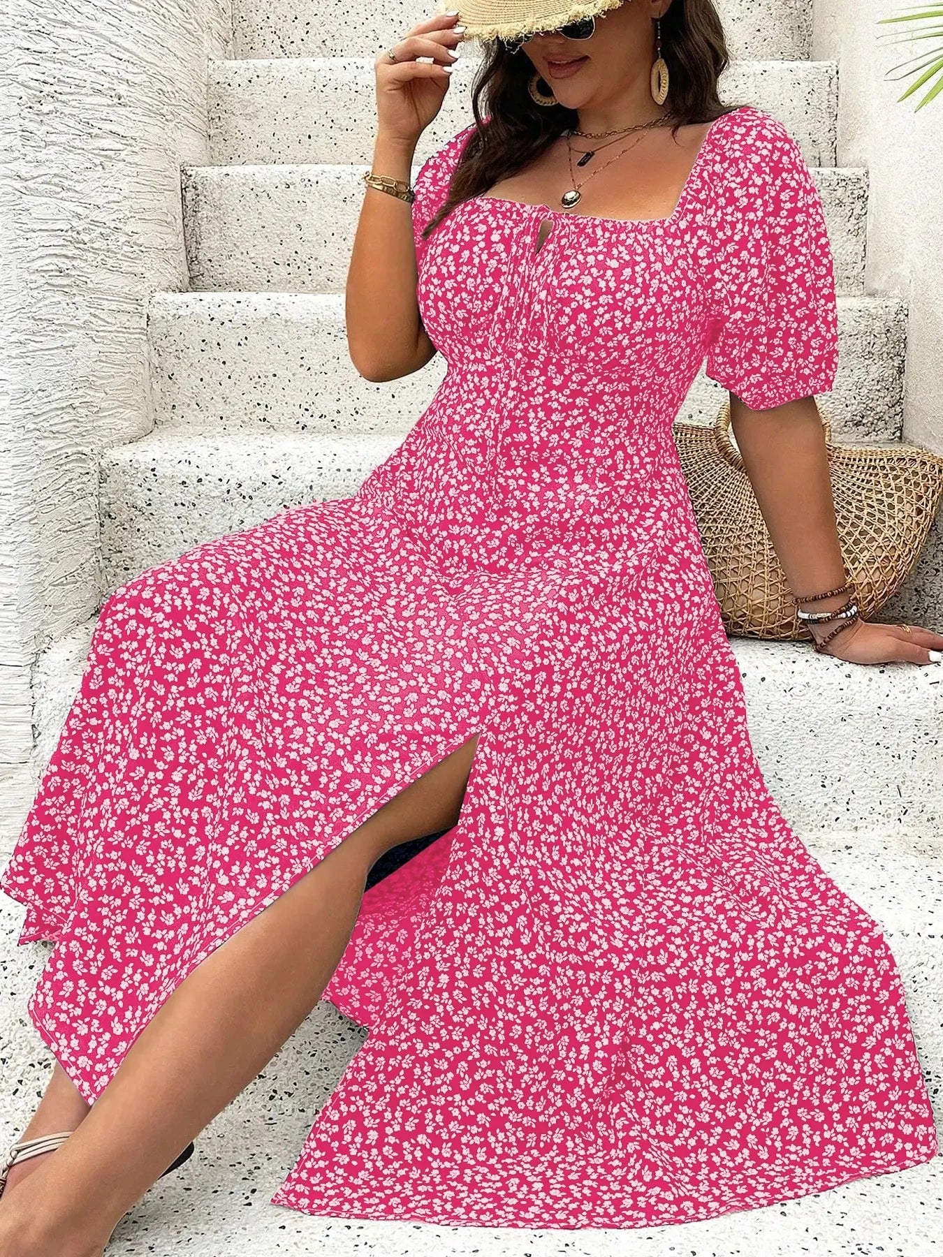 Emilie's Boutique ™ Shirred Floral Print Pockets Maxi Dress