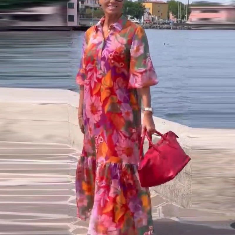 Emilie's Boutique ™ Collar-Neck Floral Print Long Dress.