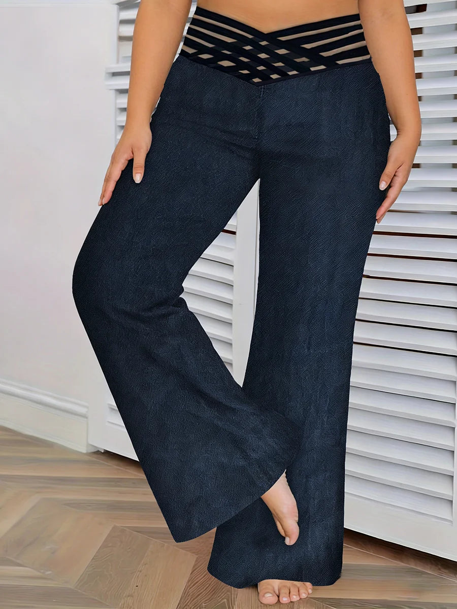 Emilie's Boutique ™ crisscross mesh, wide legs, casual denim pants.