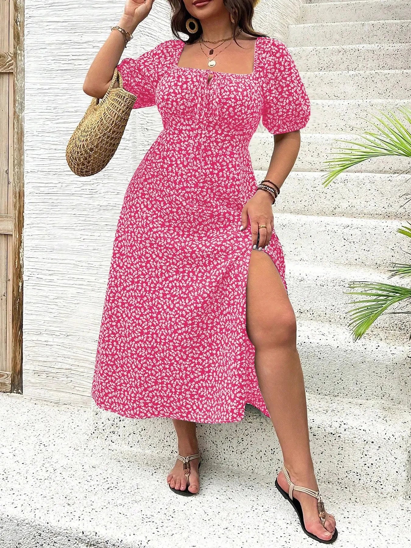 Emilie's Boutique ™ Shirred Floral Print Pockets Maxi Dress