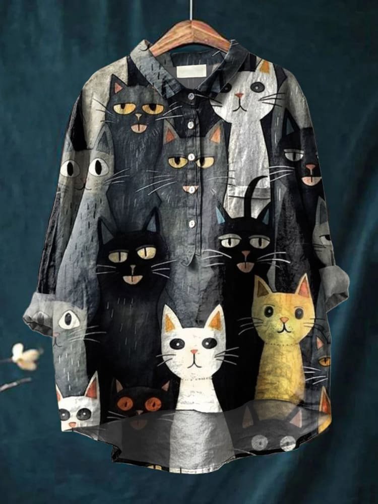 Emilie's Boutique ™ Multiple Black and Gray Cats Print Casual Cotton And Linen Shirt