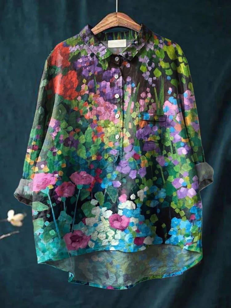 Emilie's Boutique ™ Oil Painting Garden Decorative Pattern Casual Cotton And Linen Shirt