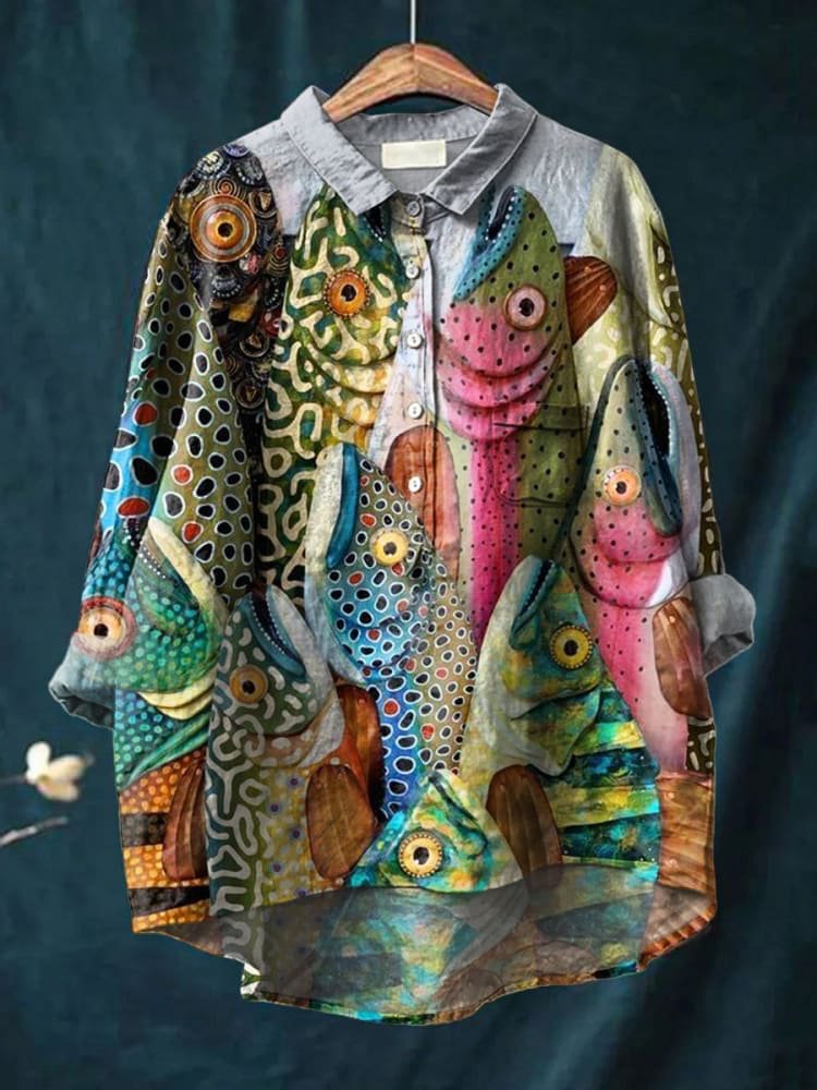 Emilie's Boutique ™ Funny Fish Art Print Casual Cotton And Linen Shirt