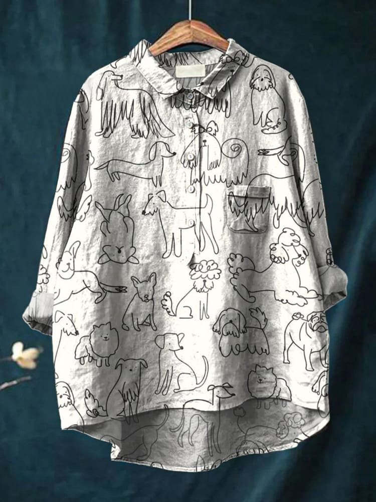 Emilie's Boutique ™ Simple Black and White Line Puppy Print Casual Cotton And Linen Shirt