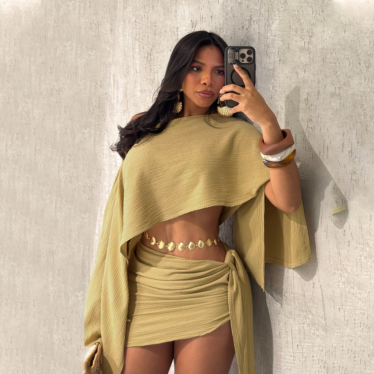 Emilie's Boutique ™ Textured One Shoulder Crop Top & Mini Skirt Set