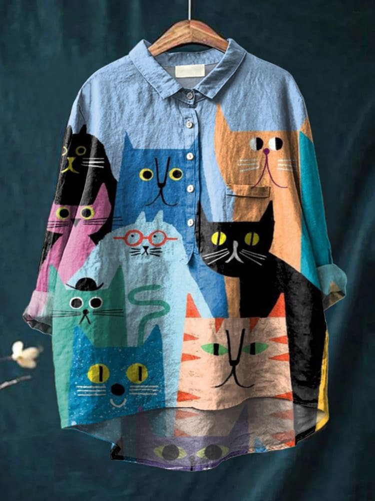 Emilie's Boutique ™ Simple Colorful Flat Cat Print Casual Cotton And Linen Shirt