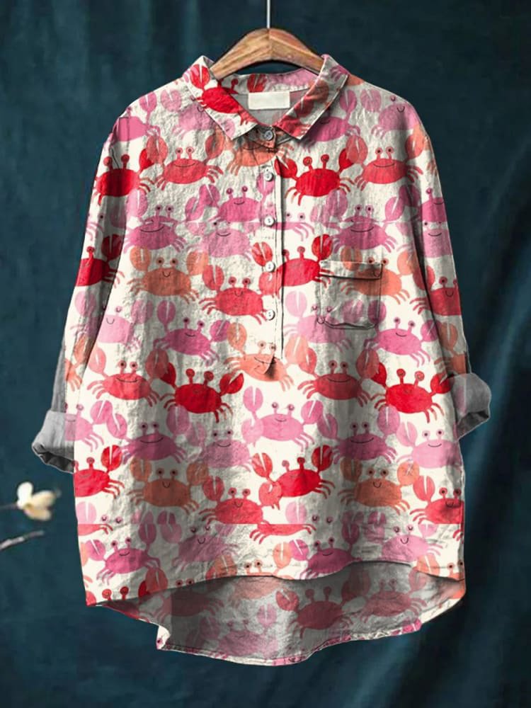 Emilie's Boutique ™ Watercolor Crab Art Print Casual Cotton And Linen Shirt