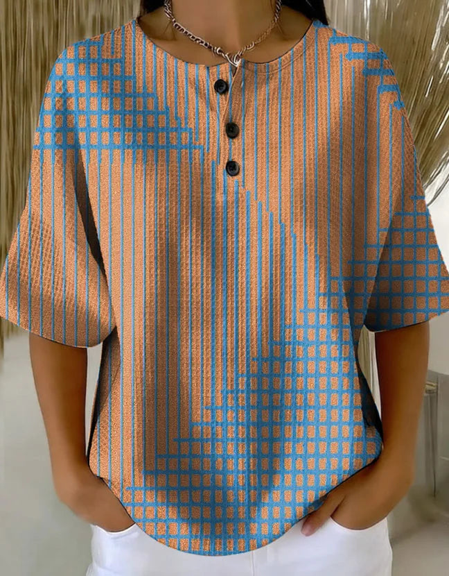 Emilie's Boutique ™ Retro Multicolor Gradient Patchwork Abstraction Patterns Art Print Casual Waffle Cotton Shirt