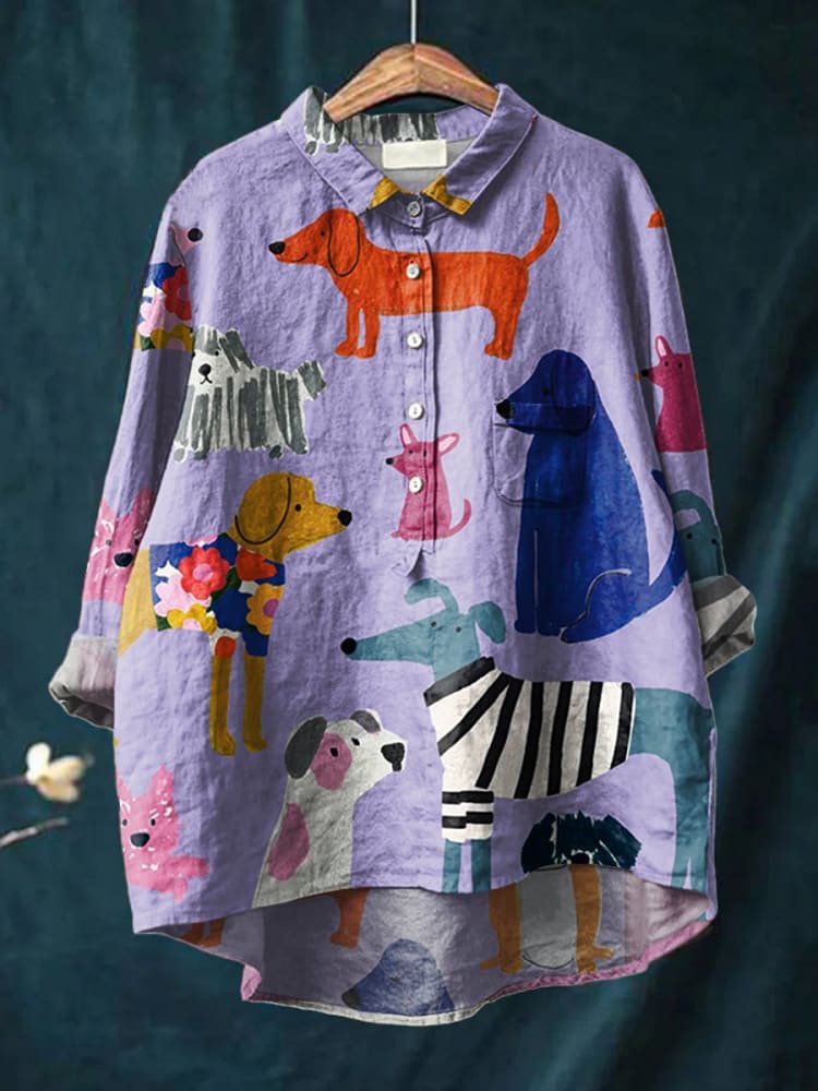 Emilie's Boutique ™ Dog Art Print Casual Cotton And Linen Shirt