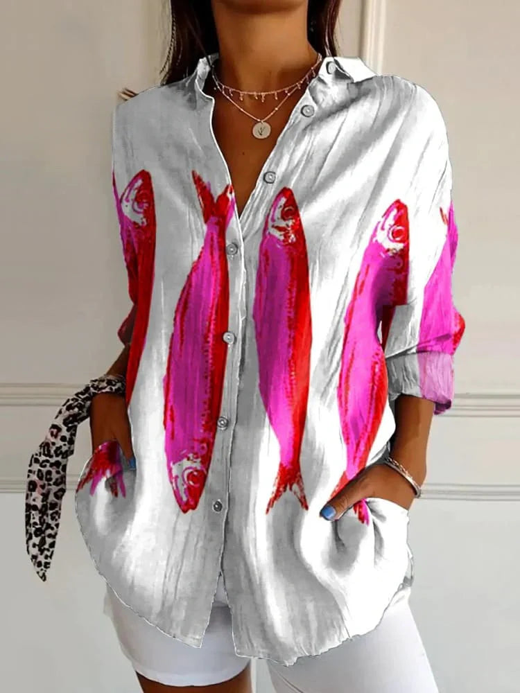Emilie's Boutique ™ Fish Art Print Casual Cotton Shirt