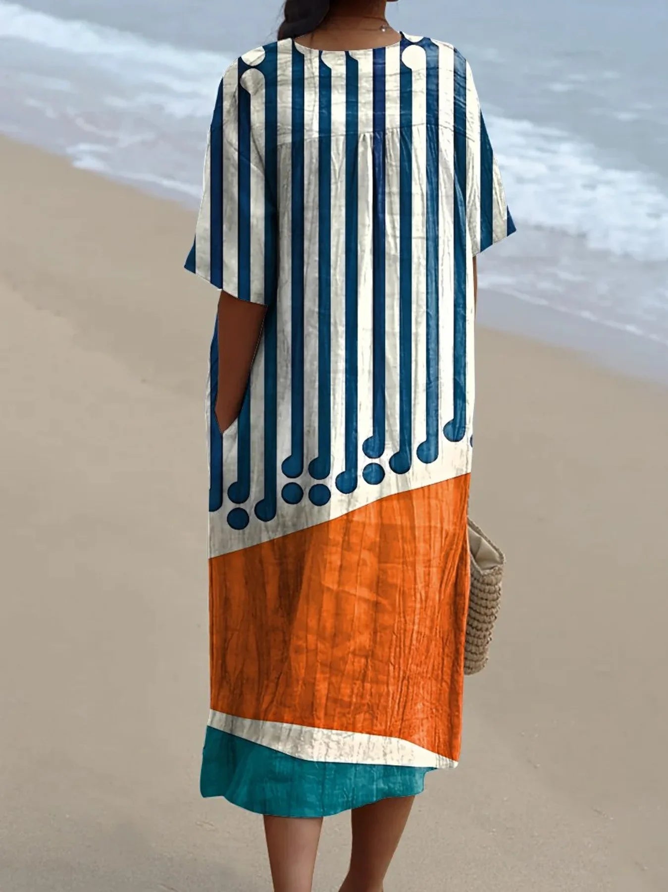 Emilie's Boutique ™ Striped Color-blocking Watercolor Splash Fluid Art Print Flowy Dress