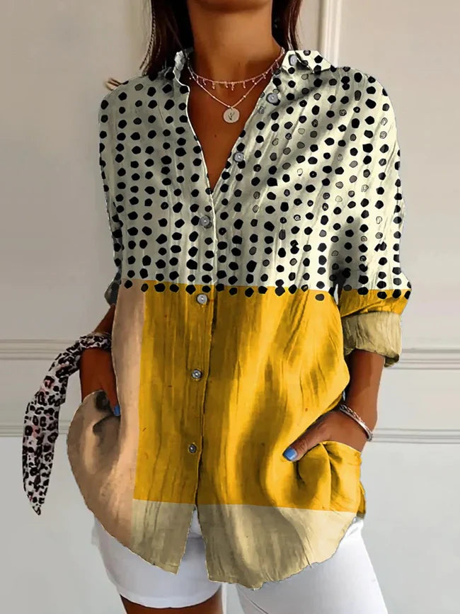 Emilie's Boutique ™ Yellow Color-blocked Dots Print Casual Cotton Shirt