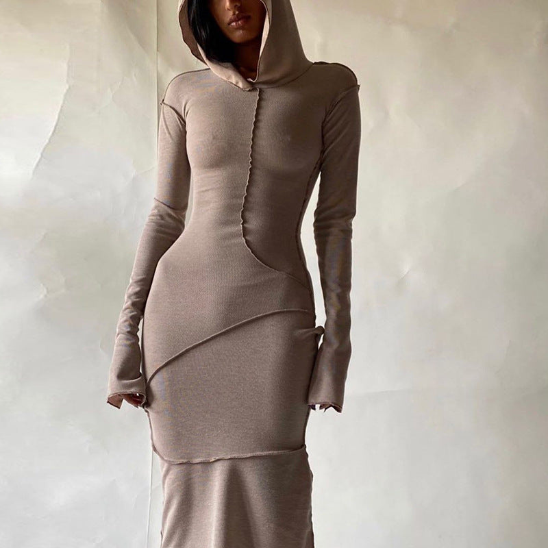 Emilie's Boutique ™  Contrast‑Stitch Hooded Bodycon Maxi Dress