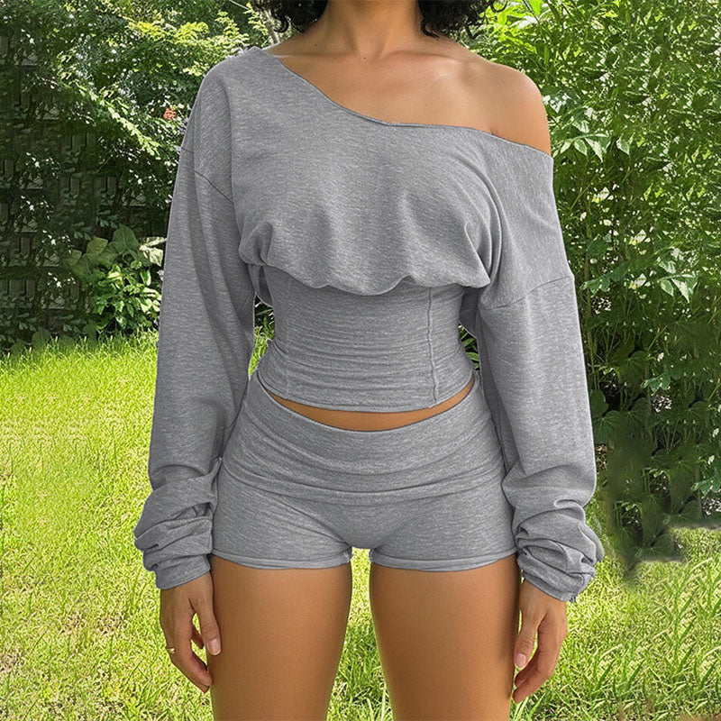 Emilie's Boutique ™ Off-shoulder long-sleeve top and high-waisted shorts two-piece set