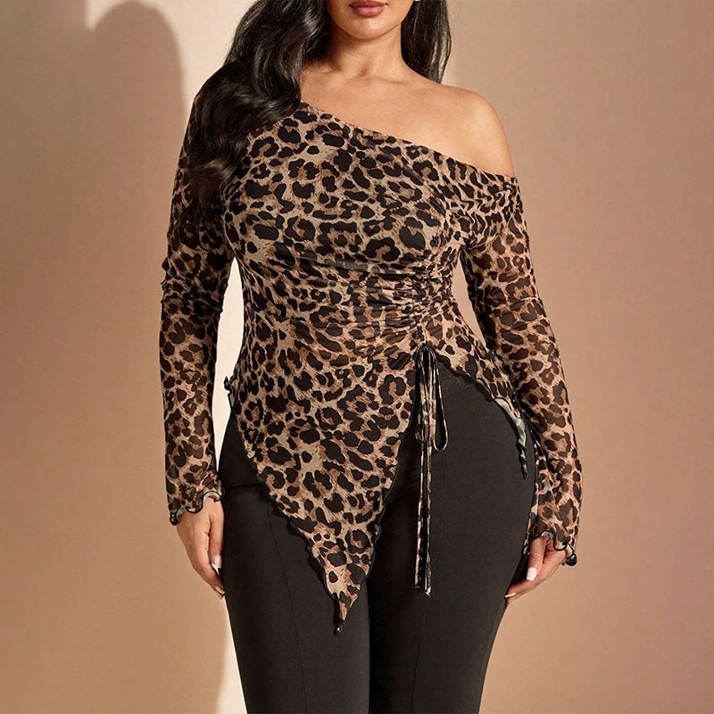 Emilie's Boutique ™ Plus-size leopard print one-shoulder drawstring top