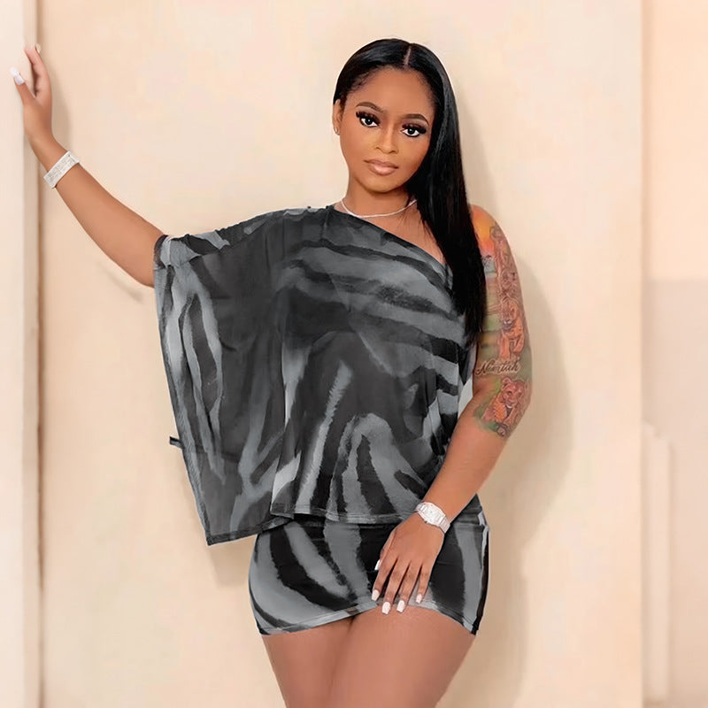Emilie's Boutique ™  Printed Mesh Off  Shoulder Top Skirt Set