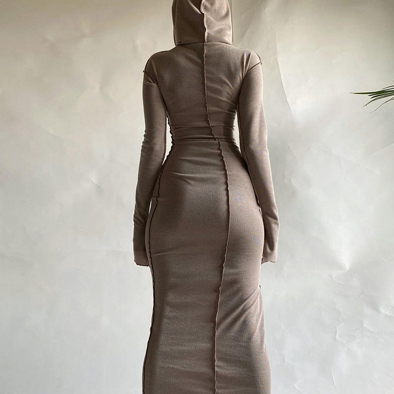 Emilie's Boutique ™  Contrast‑Stitch Hooded Bodycon Maxi Dress