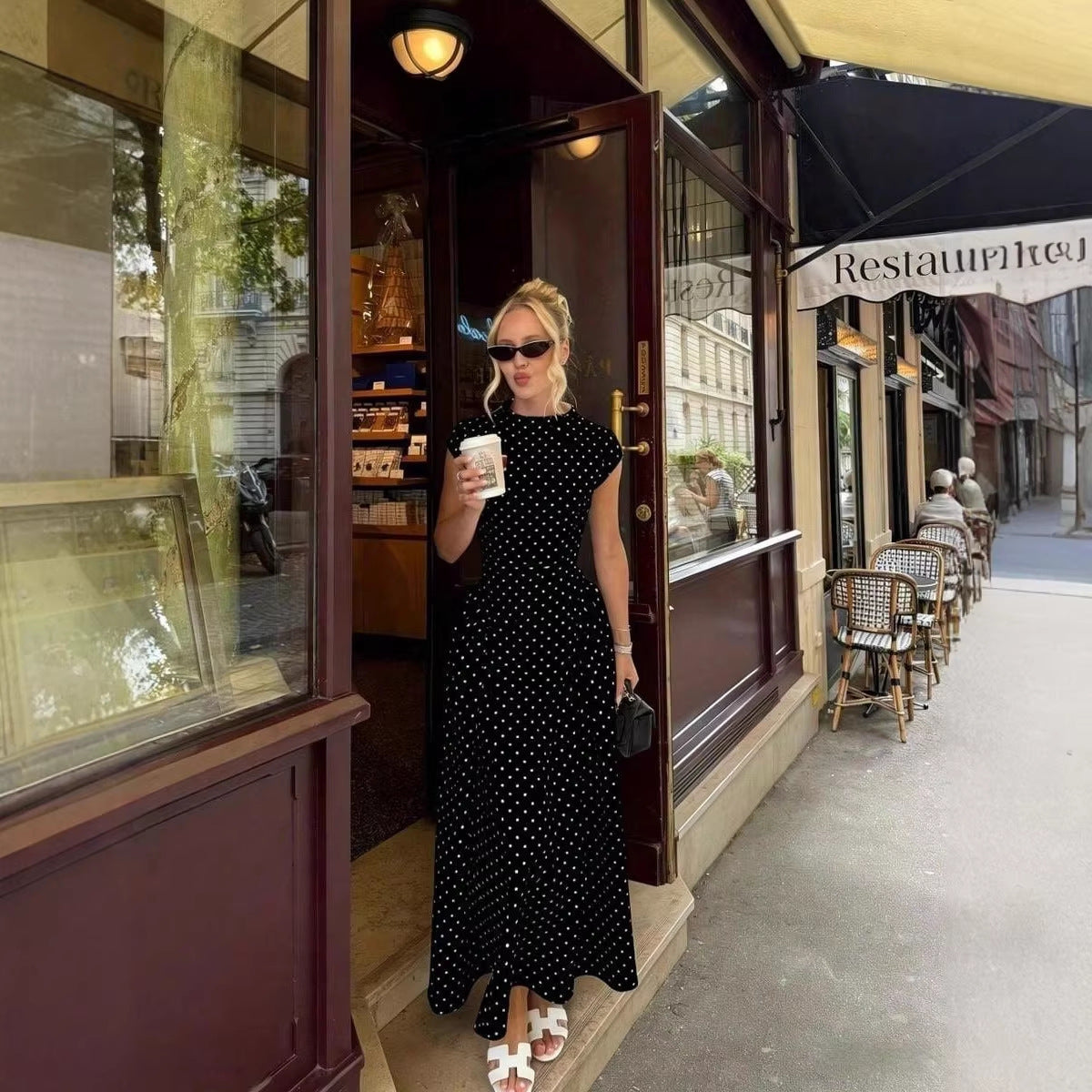 Emilie's Boutique ™  Elegant Polka-Dot Print Round-Neck Maxi Dress