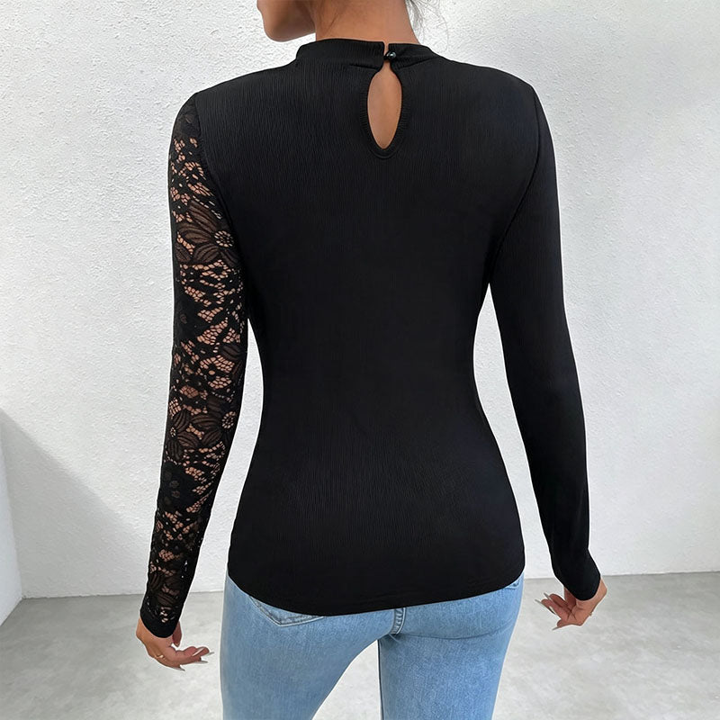 Emilie's Boutique ™ Hollow-out lace patchwork slim-fit long-sleeved top