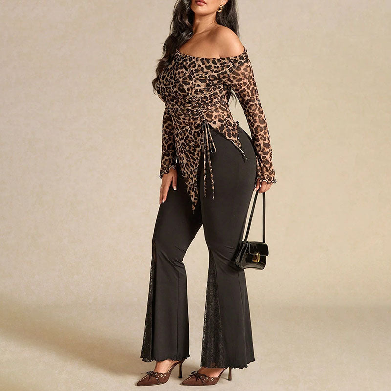 Emilie's Boutique ™ Plus-size leopard print one-shoulder drawstring top