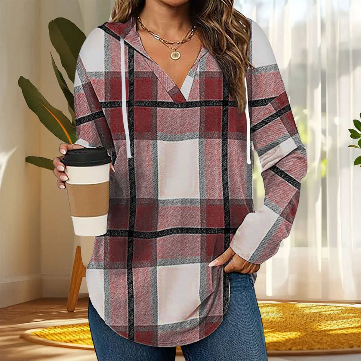 Emilie's Boutique ™ Casual Plaid Long-Sleeve Hoodie