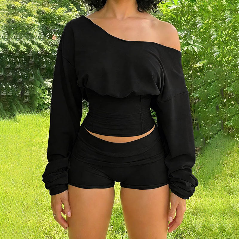 Emilie's Boutique ™ Off-shoulder long-sleeve top and high-waisted shorts two-piece set