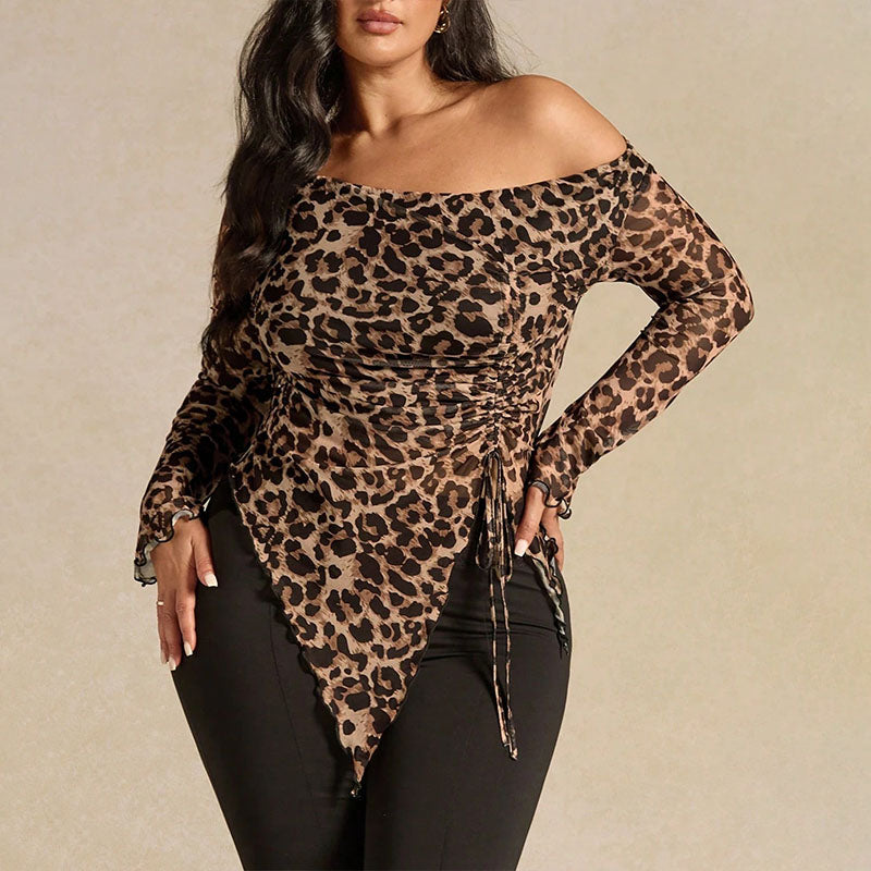 Emilie's Boutique ™ Plus-size leopard print one-shoulder drawstring top