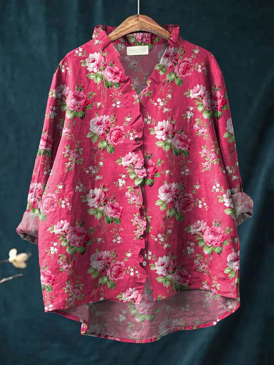 Emilie's Boutique ™ Art Print Casual Cotton And Linen Ruffle Shirt