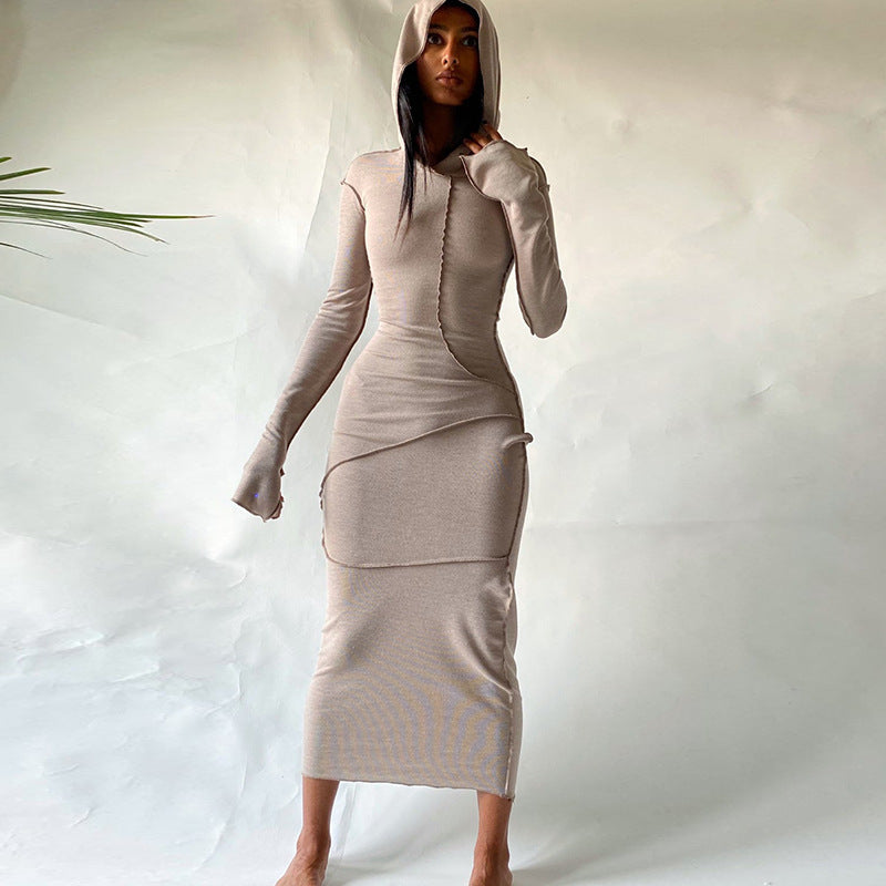 Emilie's Boutique ™  Contrast‑Stitch Hooded Bodycon Maxi Dress