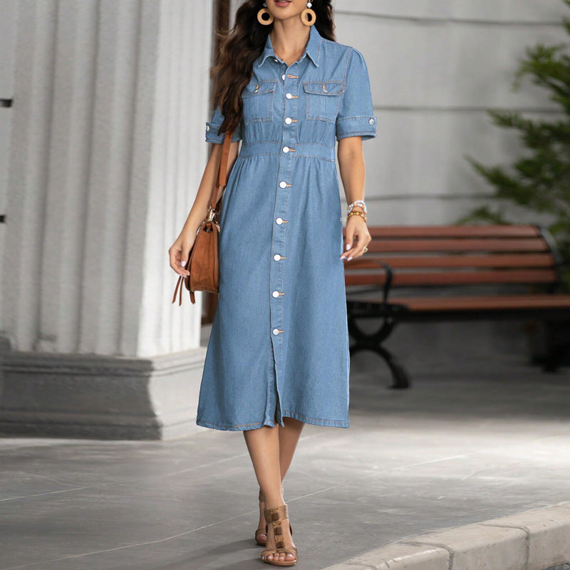 Emilie's Boutique ™  Collared short-sleeved fitted denim dress
