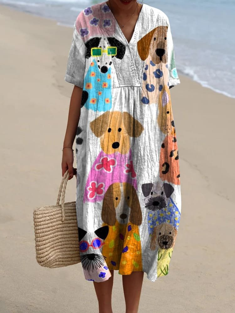 Emilie's Boutique ™ Minimalist Colorful Cartoon Puppy Print Flowy Dress