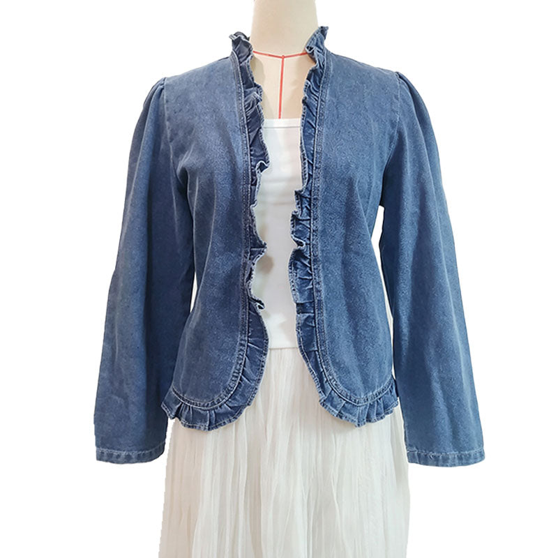 Emilie's Boutique ™ Ruffled Trim Open‑Front Cropped Denim Jacket