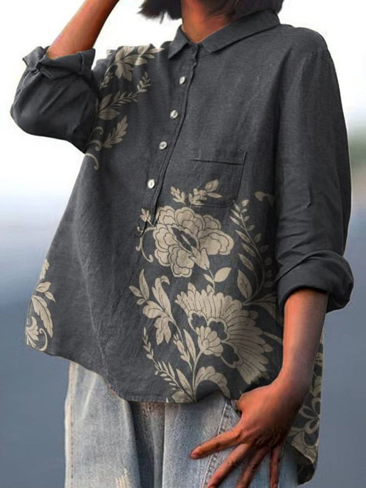 Emilie's Boutique ™ Floral and Leaf Combination Decorative Pattern Casual Cotton And Linen Shirt