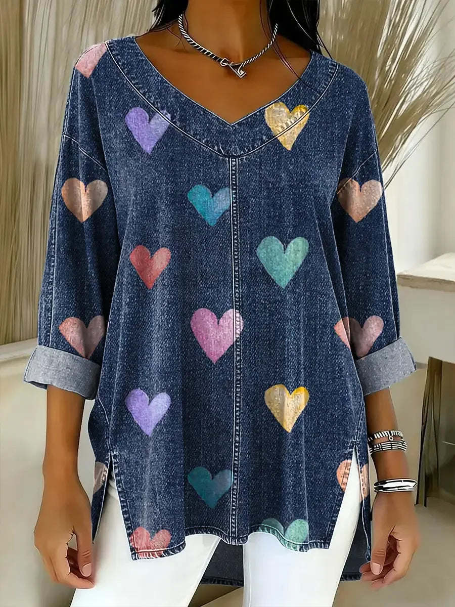 Emilie's Boutique ™ Love Pattern Art Print Casual Denim Shirt