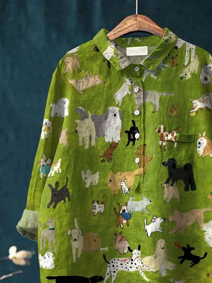 Emilie's Boutique ™ Cute Dog Art Print Casual Cotton And Linen Shirt