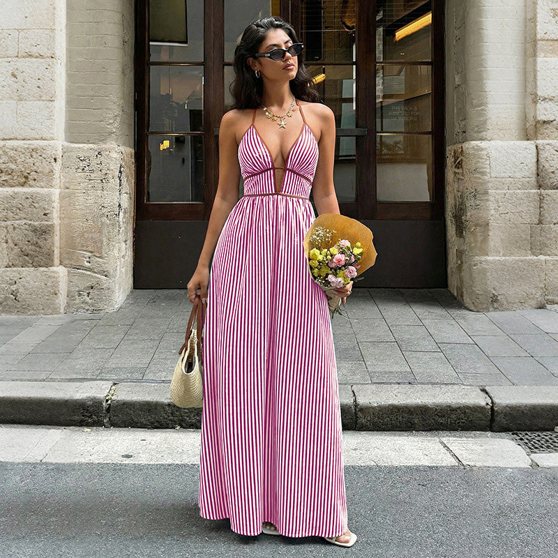 Emilie's Boutique ™  Retro striped rope-trimmed suspender maxi dress