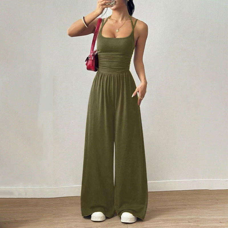 Emilie's Boutique ™ Backless Halter Ruched High Waist Wide Leg Jumpsuit