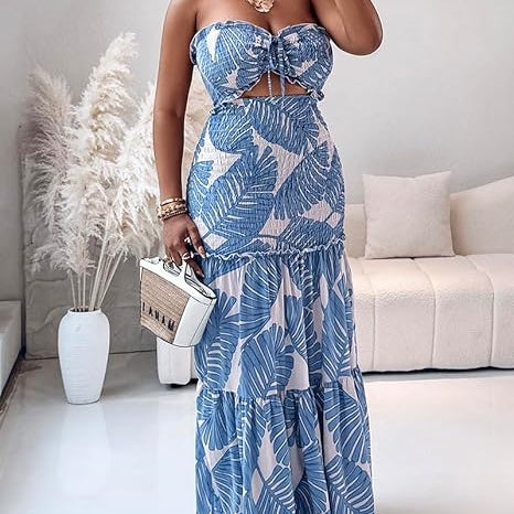 Emilie's Boutique ™  Strapless Leaf Print Maxi Dress