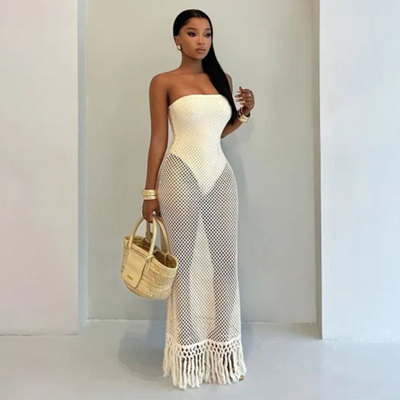 Emilie's Boutique ™  Form-fitting knitted mesh strapless maxi dress