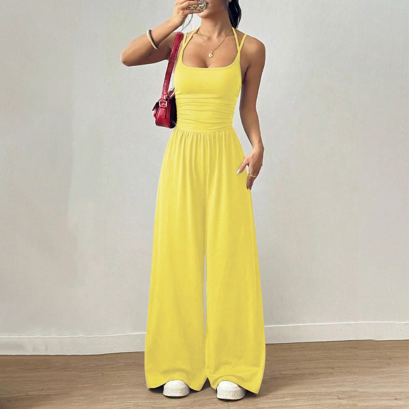 Emilie's Boutique ™ Backless Halter Ruched High Waist Wide Leg Jumpsuit