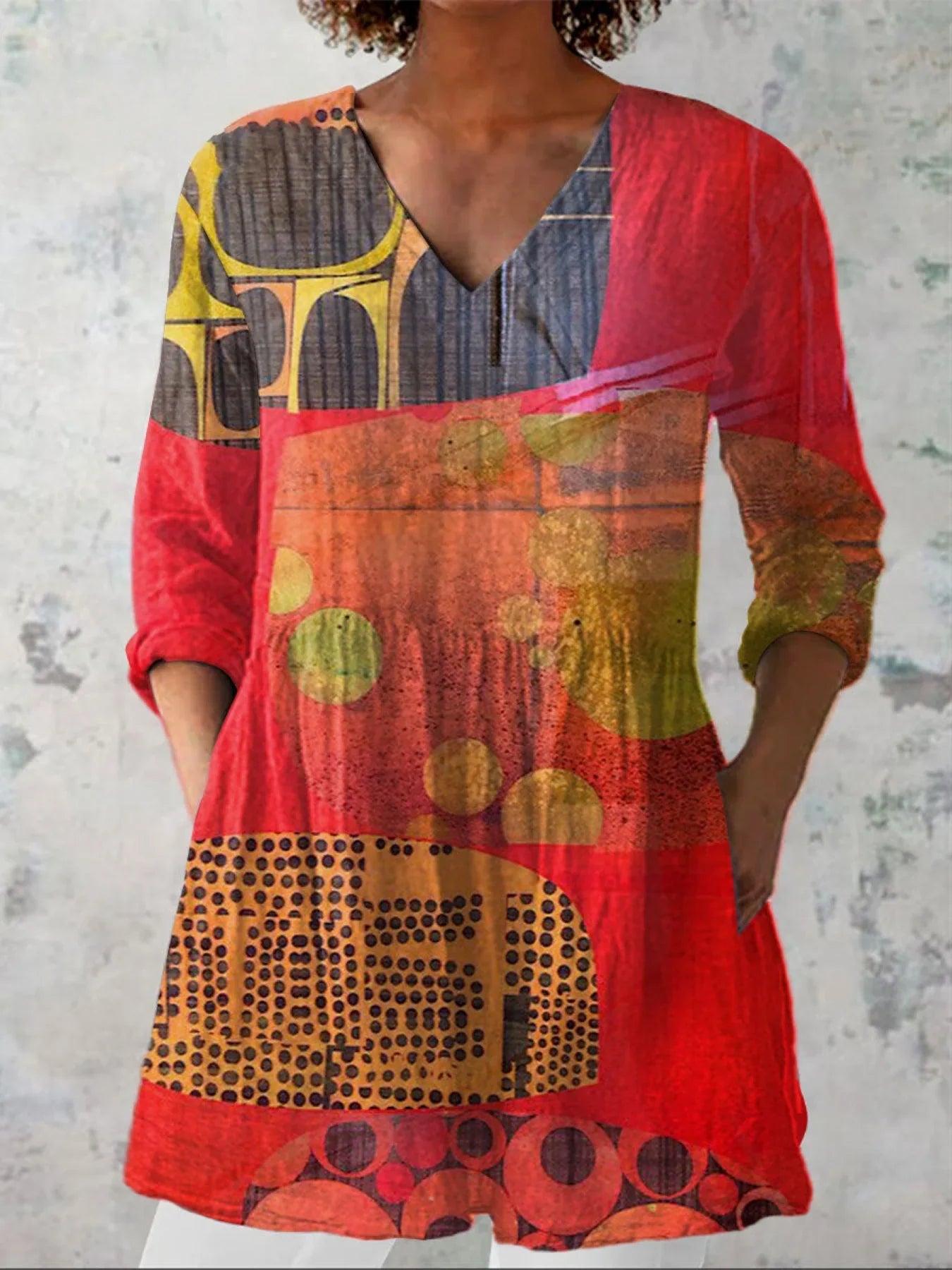 Emilie's Boutique ™ Modern Abstract Art Print Casual Linen V-neck Shirt