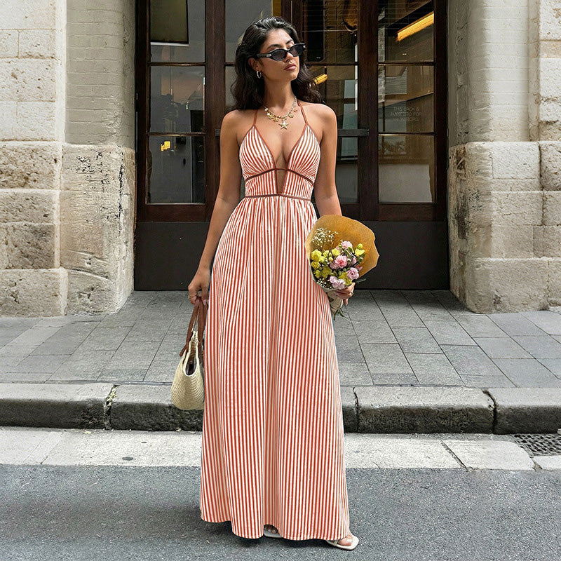 Emilie's Boutique ™  Retro striped rope-trimmed suspender maxi dress
