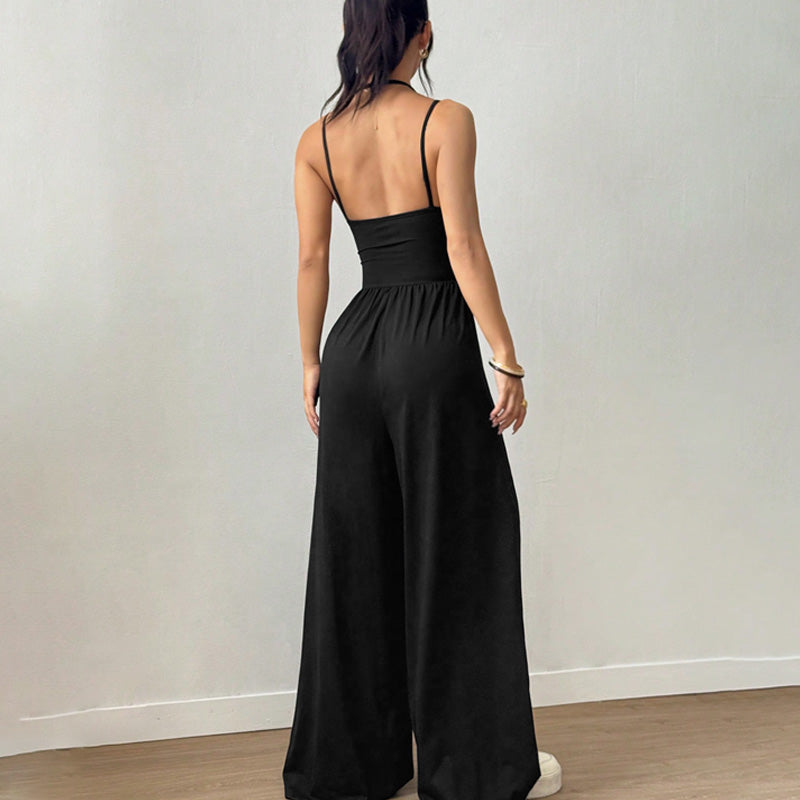 Emilie's Boutique ™ Backless Halter Ruched High Waist Wide Leg Jumpsuit