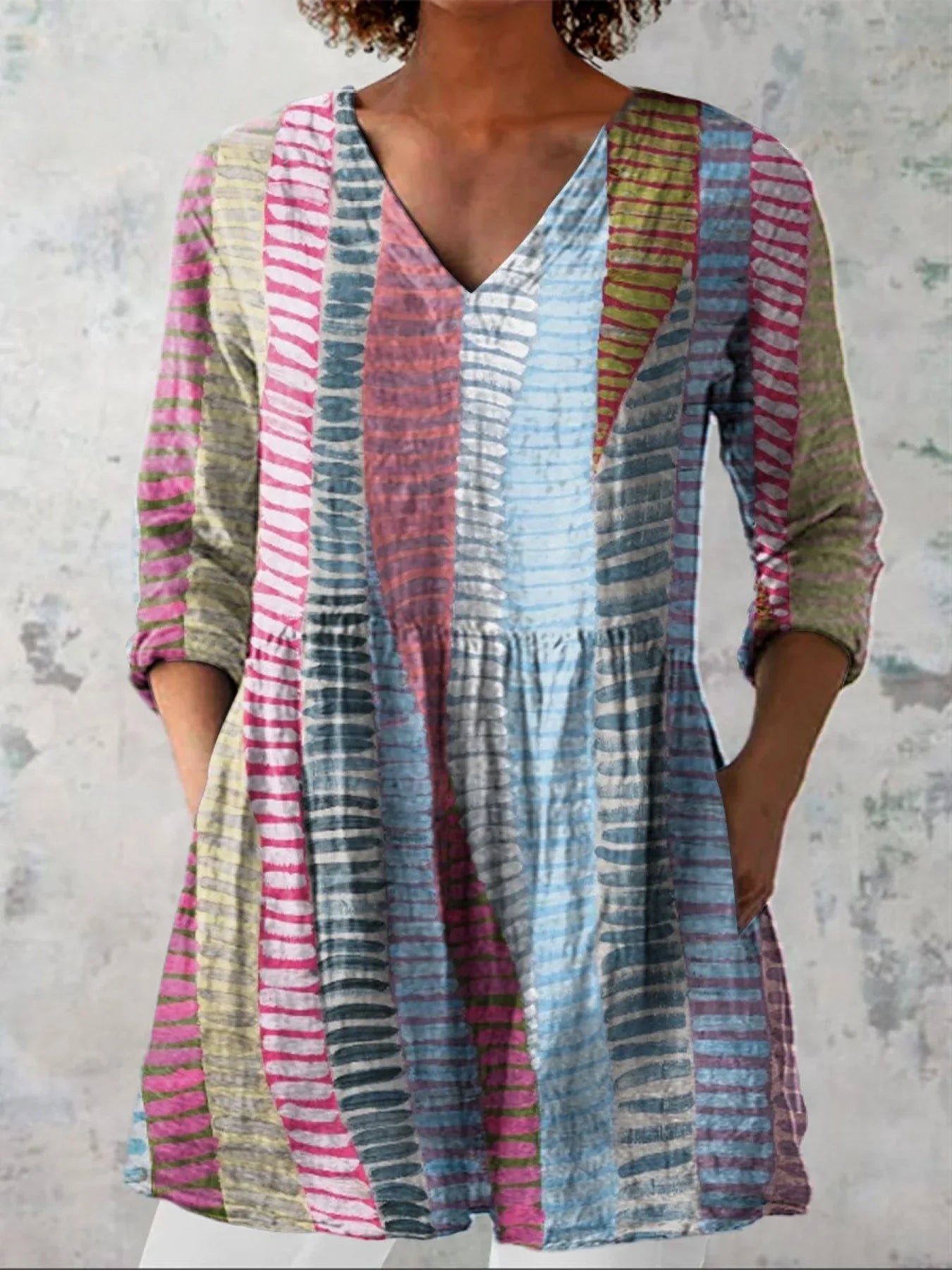 Women's Vintage Color Block Line Art Print Casual Linen V-neck Shirt
