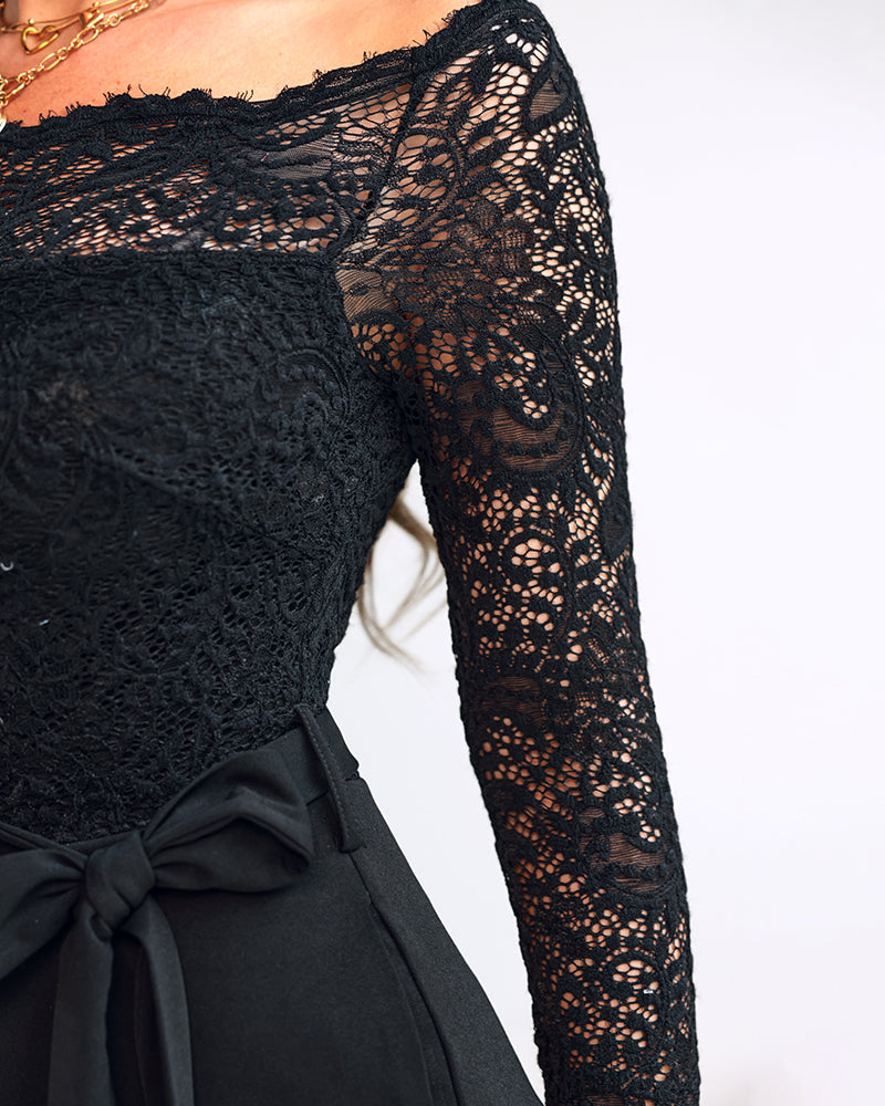 Off Shoulder Long Sleeve Eyelash Lace Spliced Slim Fit Jumpsuit.