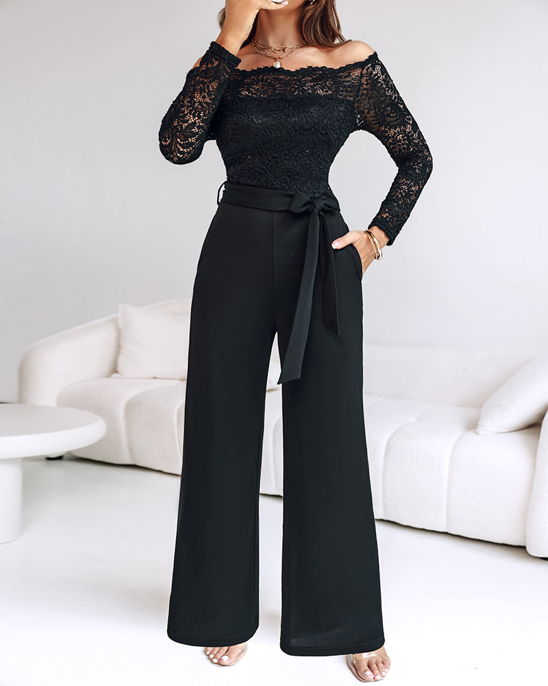 Off Shoulder Long Sleeve Eyelash Lace Spliced Slim Fit Jumpsuit.