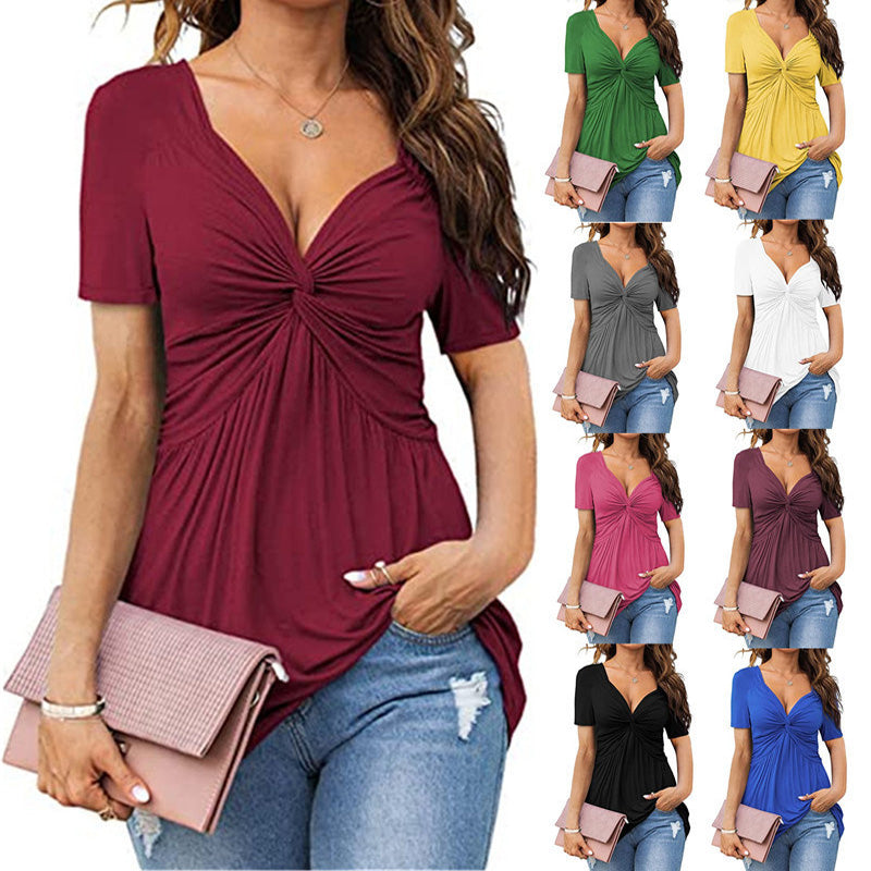Emilie's Boutique ™ V-neck ruffled knotted short-sleeved top