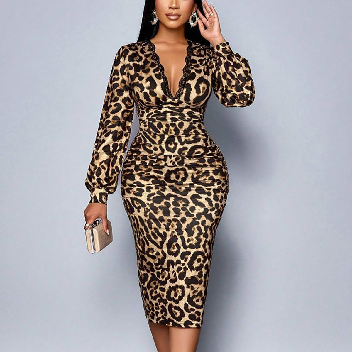 Emilie's Boutique ™  Wild Elegance Leopard Lace V-Neck Midi Dress