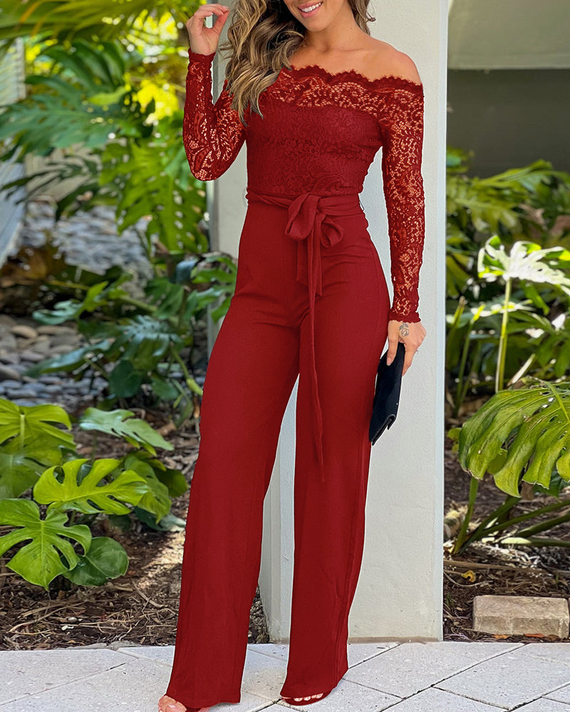 Off Shoulder Long Sleeve Eyelash Lace Spliced Slim Fit Jumpsuit.