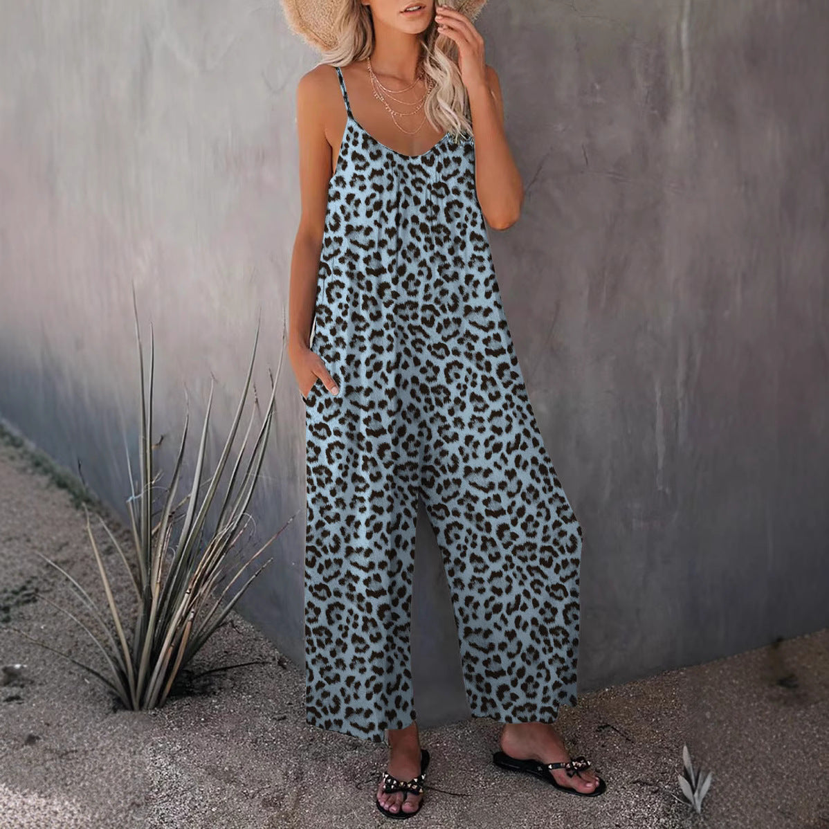 Casual sleeveless leopard print jumpsuit
